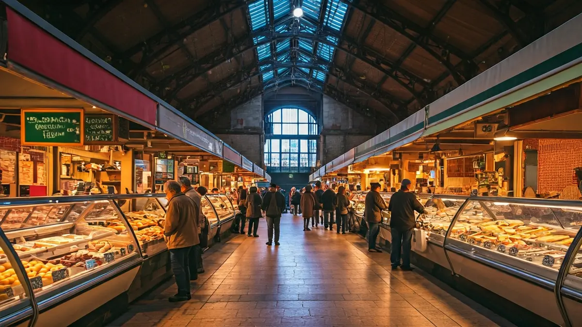 Durangoko Merkatu Plazaren barrualdea, postu berriekin eta jendearekin.