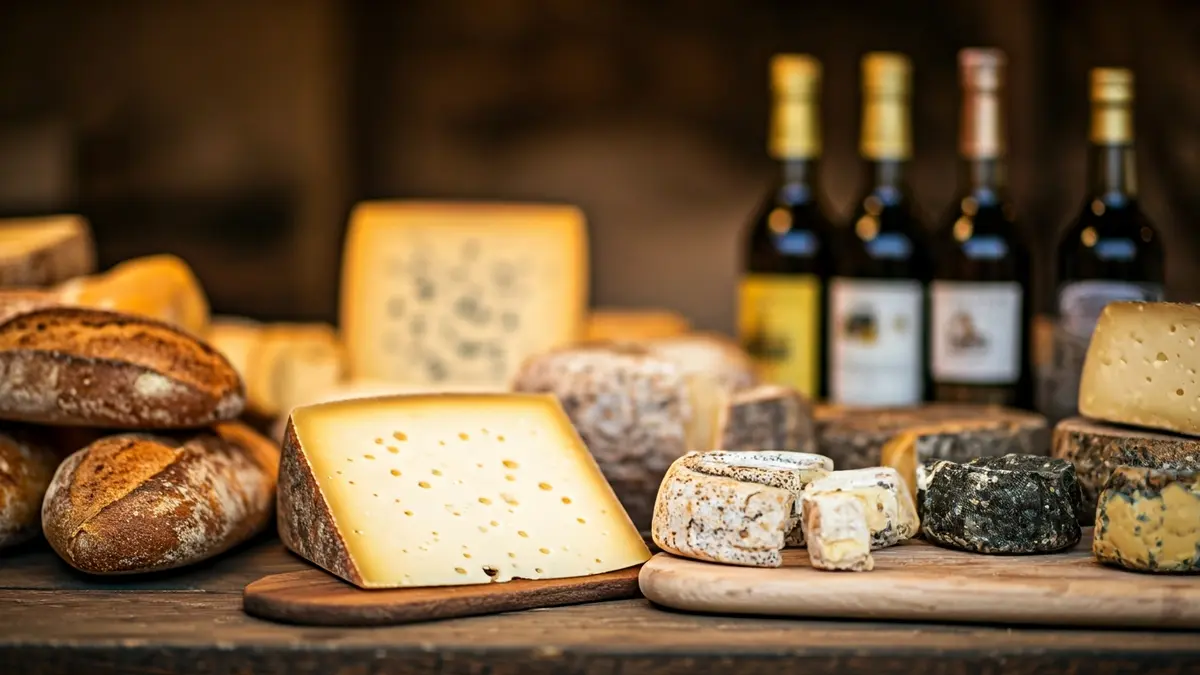 Generic image of local food products, cheeses, bread, and cider, in a market setting.