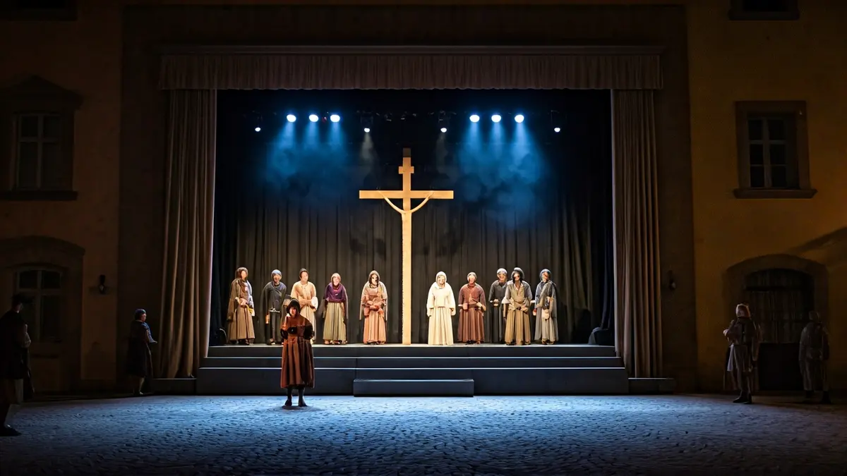 Imagen genérica de un escenario teatral con iluminación dramática y una cruz vacía al fondo.