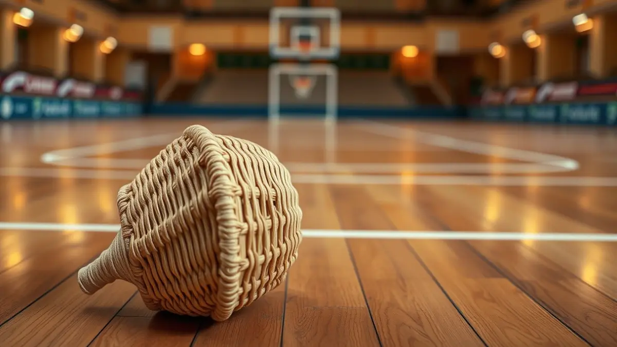 Generic image of a cesta punta basket on a wooden jai-alai court floor.