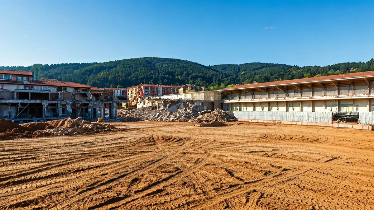 Imagen genérica de las obras de renovación del Tabira Kirolgunea en Durango, con materiales de construcción y maquinaria.