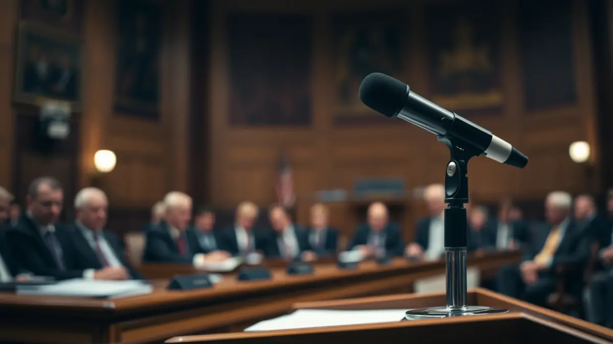 Irudi generikoa udalbatzarreko mikrofono batena, eztabaida serioa adierazten duena.