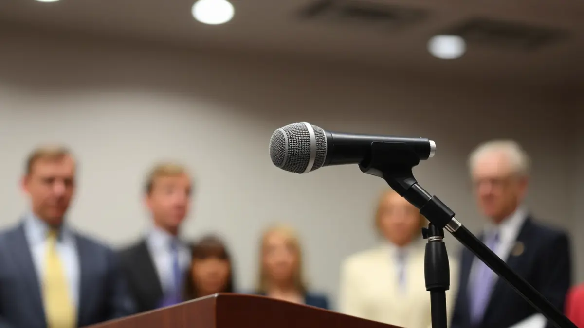 Un micrófono en un podio en un entorno formal, con figuras borrosas al fondo, representando un anuncio público.