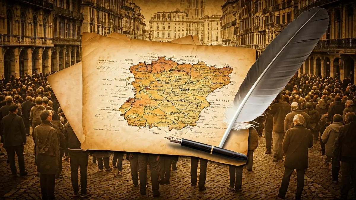 A vintage map of the Basque Country, with historical documents and a quill pen, evoking the historical political struggle for autonomy.