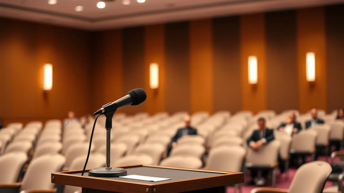Irudi generikoa mikrofono bat podium batean, eztabaida politiko bat iradokitzen duena.