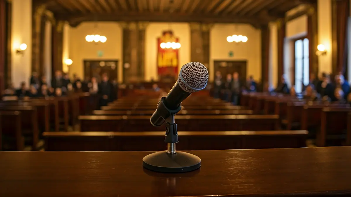 Un micrófono en un podio en una sala de reuniones vacía de un ayuntamiento vasco, con elementos arquitectónicos tradicionales.