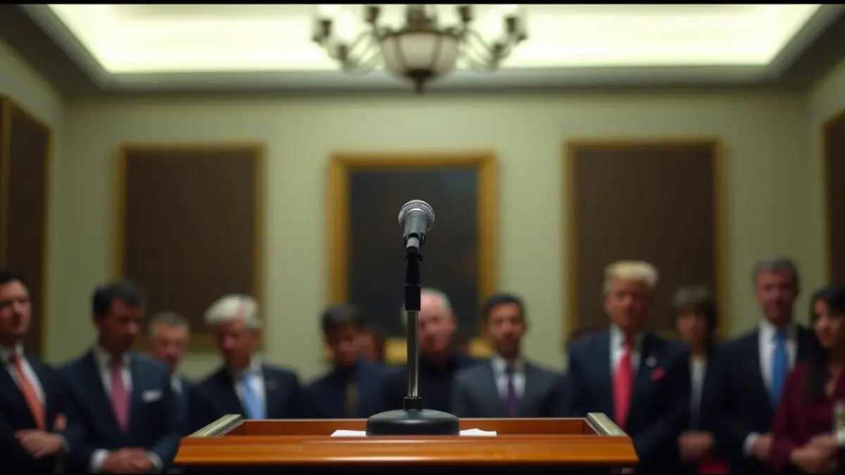 Generic image of a microphone on a podium at a press conference, with blurred figures in the background.