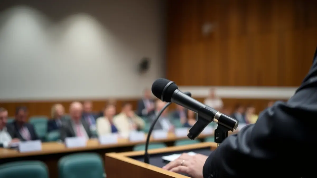 Mikrofono baten irudi generikoa, bilera areto batean, eztabaida politikoa iradokitzen duena.