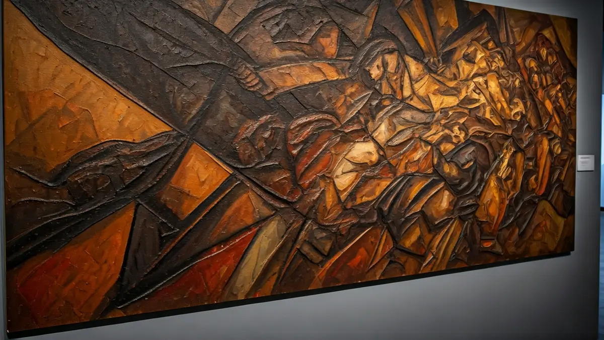 Imagen genérica de una pintura cubista abstracta al estilo del Guernica, con iluminación suave de museo.