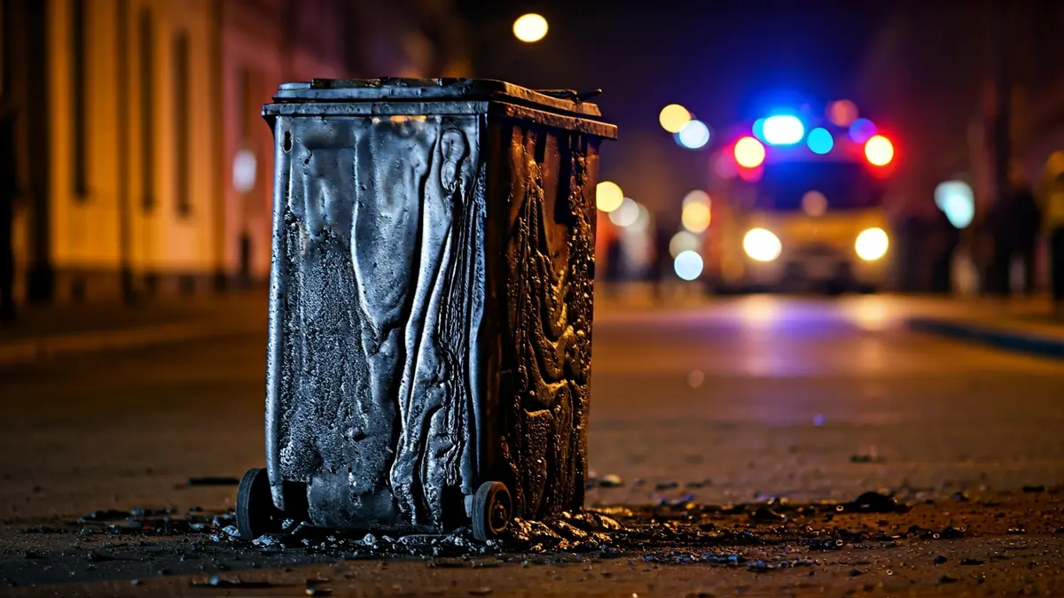 Generic image showing the remains of a burnt container on a dark street at night.