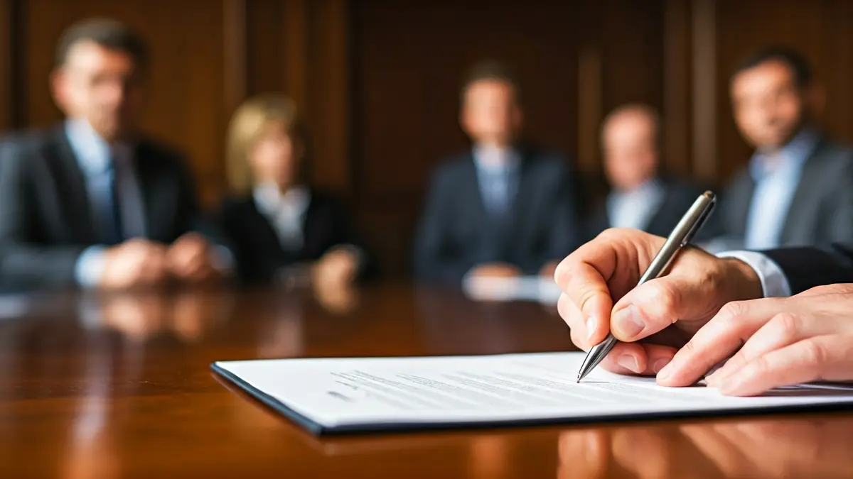 Irudi generikoa: Eskuen hurbileko planoa dokumentu bat sinatzen, bilera formal baten giroan.