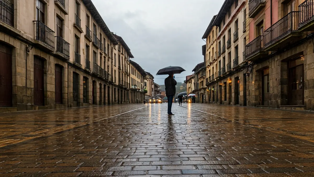 Irudi generikoa euriak bustitako kale baten, aterkiekin dabiltzan pertsonekin.