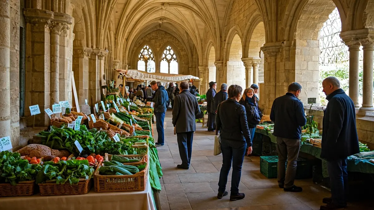 Imagen genérica de un mercado agroecológico en un claustro universitario, mostrando verduras frescas y pan artesanal.