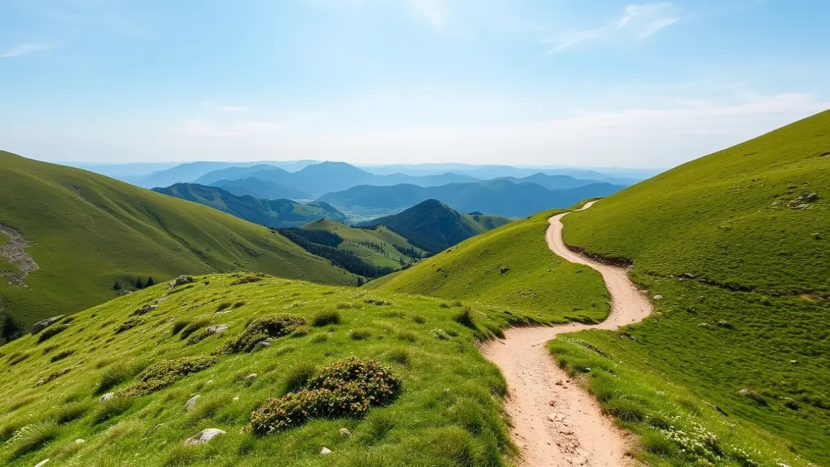 Generic image of a mountain trail in a green landscape.