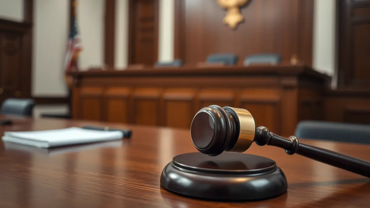 Generic image of a gavel in a courtroom, with blurred legal documents in the background.