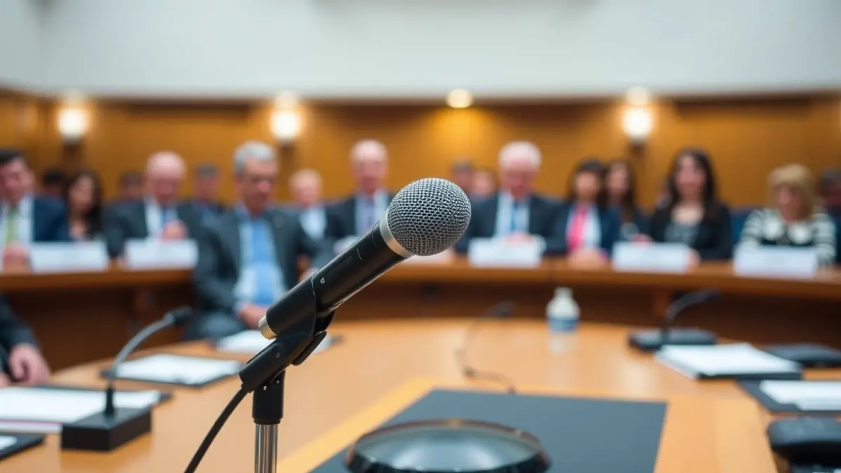 Irudi generikoa batzorde politiko bateko mikrofono batena, atzealdean pertsona lausoak dituela.