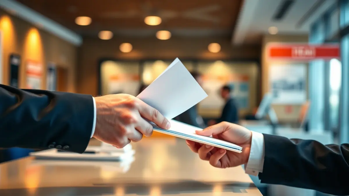 Generic image of hands exchanging documents in a public service.