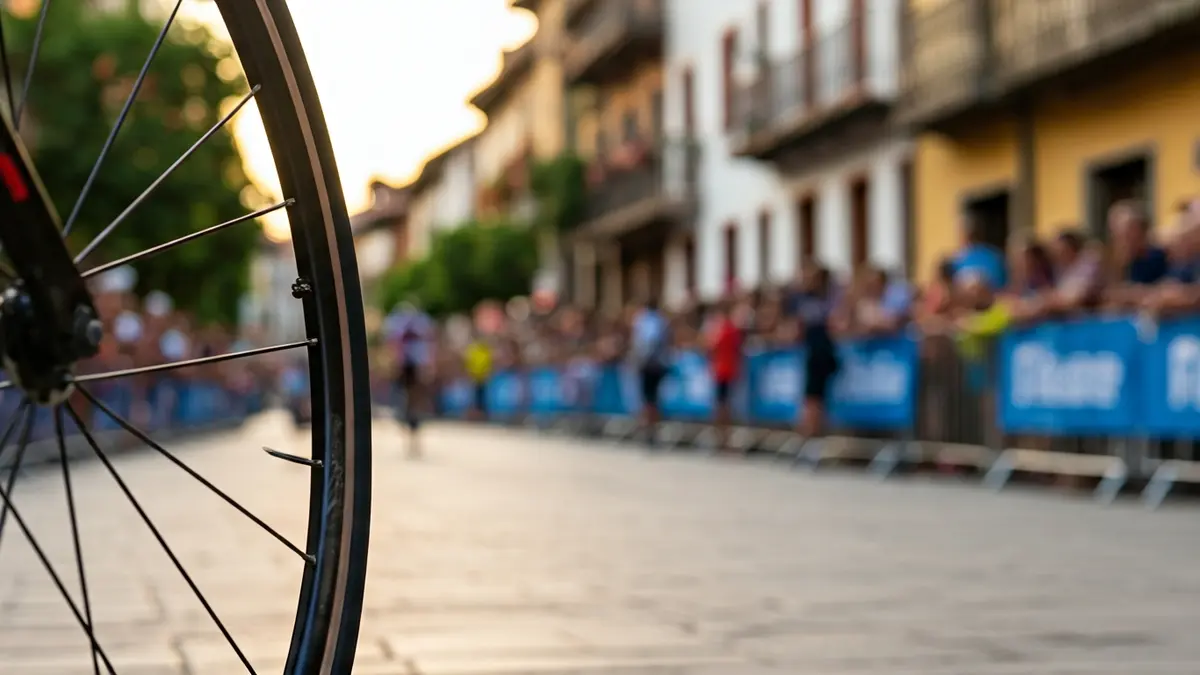 Imagen de primer plano de una rueda de bicicleta en una carrera, con una calle llena de espectadores difuminados al fondo.