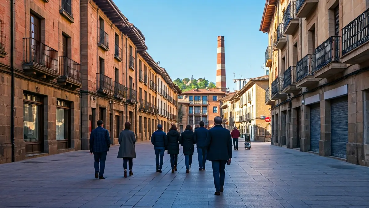 Eibarko kale historiko batean zehar doan pertsona talde baten irudia, euskal arkitektura tradizionalarekin.