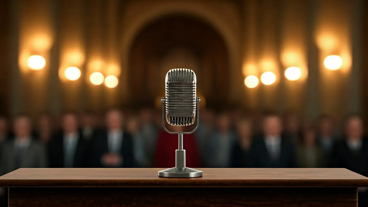 A microphone on a podium, with a blurred audience in the background, symbolizing a public event or conference.