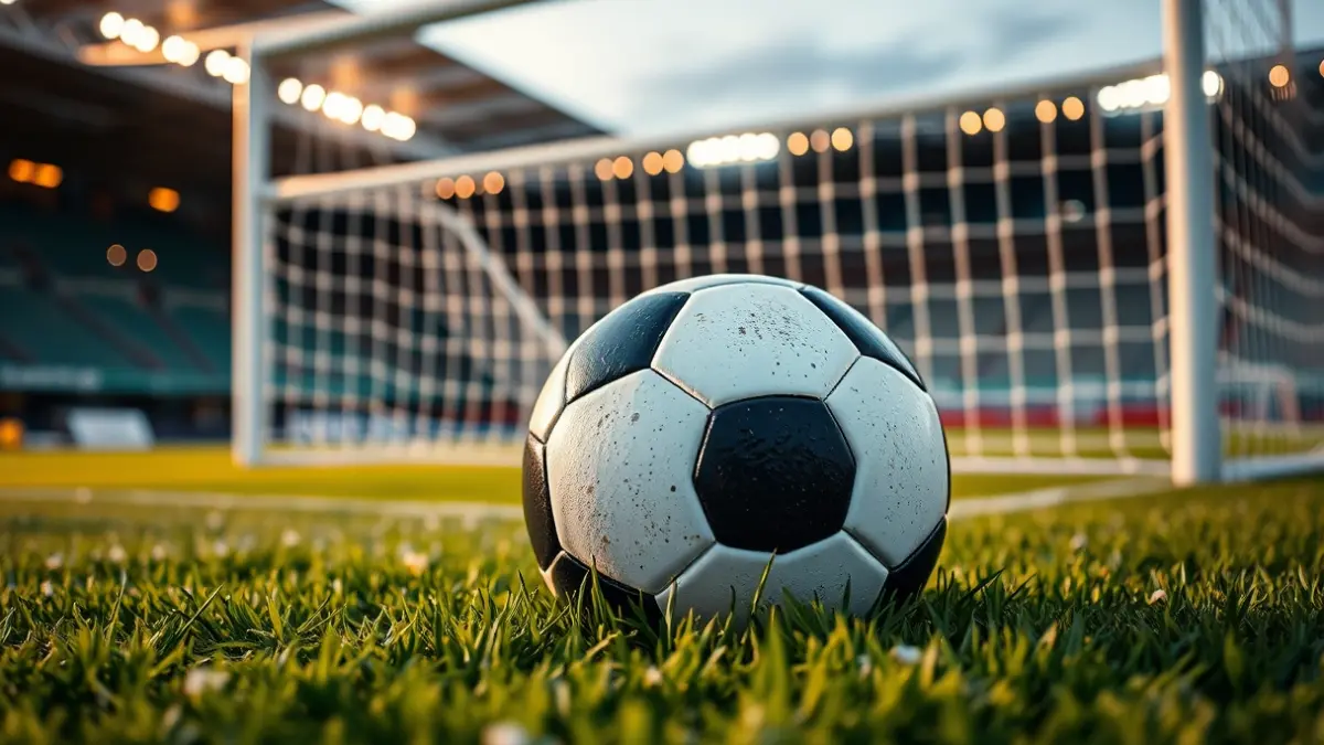 Generic image of a soccer ball on grass, with a blurred goal net in the background.