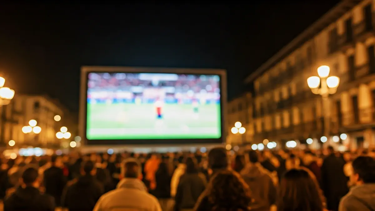 Eibarko Unzaga plazan jarritako pantaila erraldoiaren irudi generikoa, futbol partida bat erakusten.