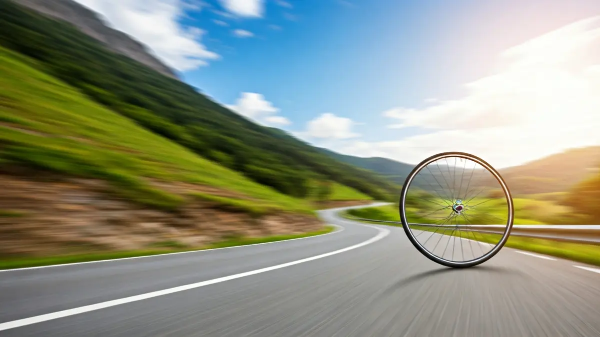 Irudi generikoa txirrindulari baten gurpilaren eta koadroaren hurbileko plano batekin, atzealdean Euskal Herriko mendi-errepide bihurgunetsu bat lausotuta.