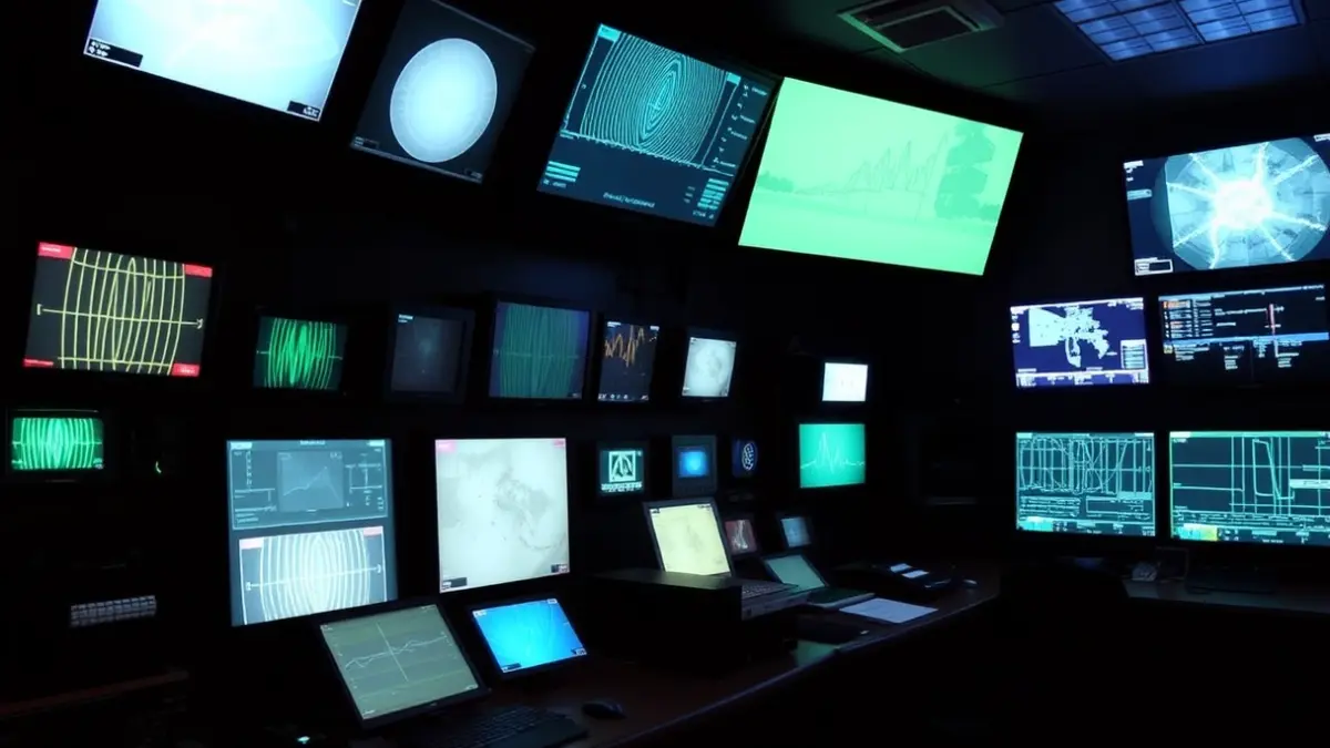 Generic image of an EITB control room with multiple screens, dimly lit.
