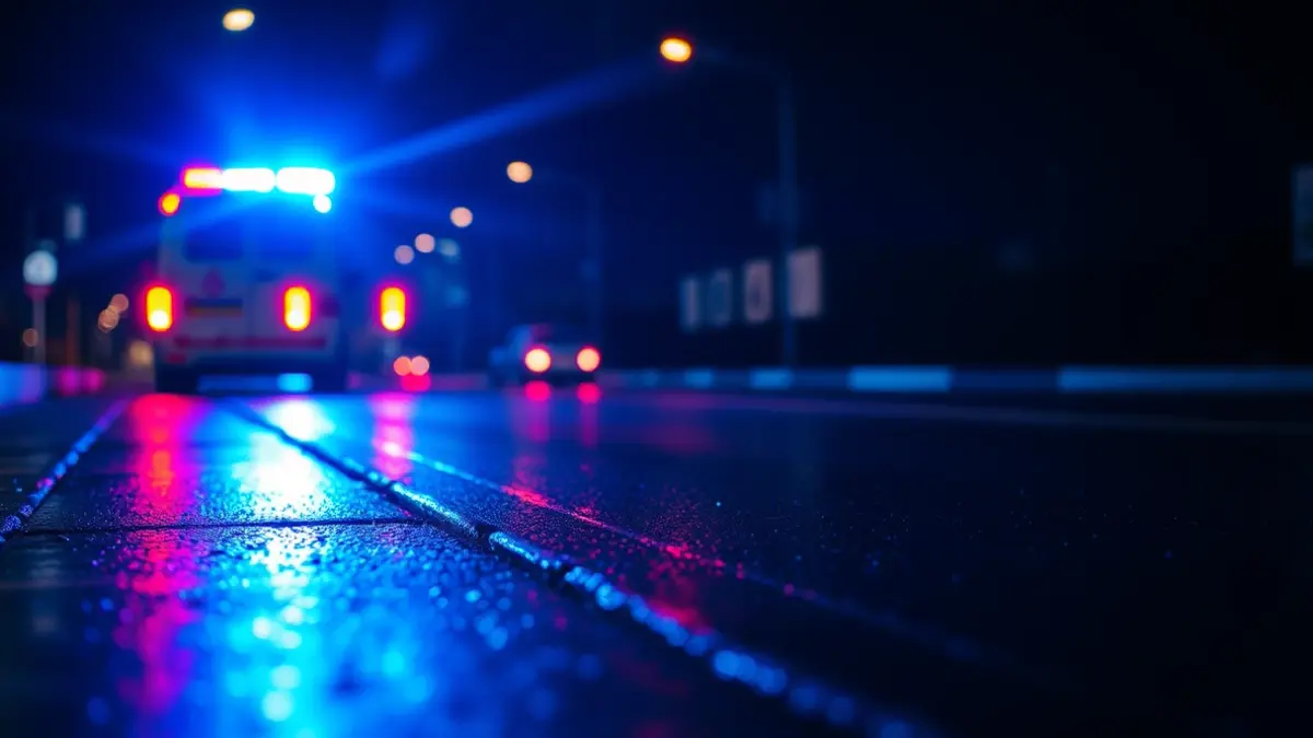 Irudi generikoa gaueko euri-ekaitz baten ondoren bustitako asfaltoan islatzen diren larrialdi-argiena.