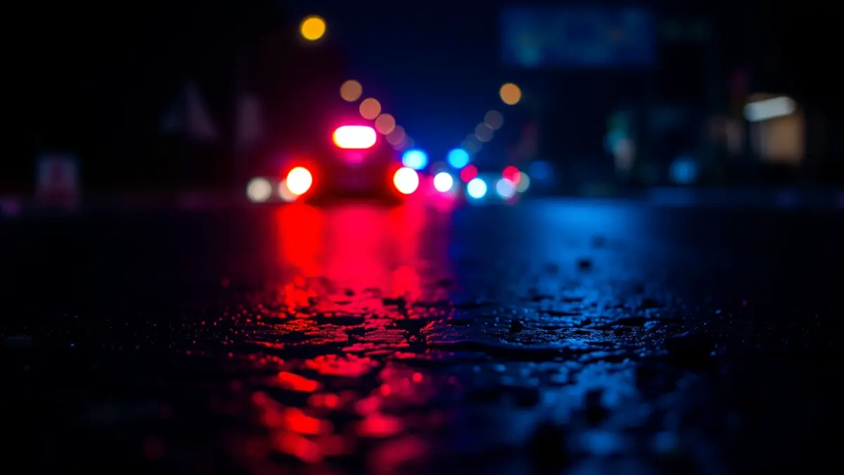 Generic image of blue and red emergency lights reflecting on wet asphalt at night.