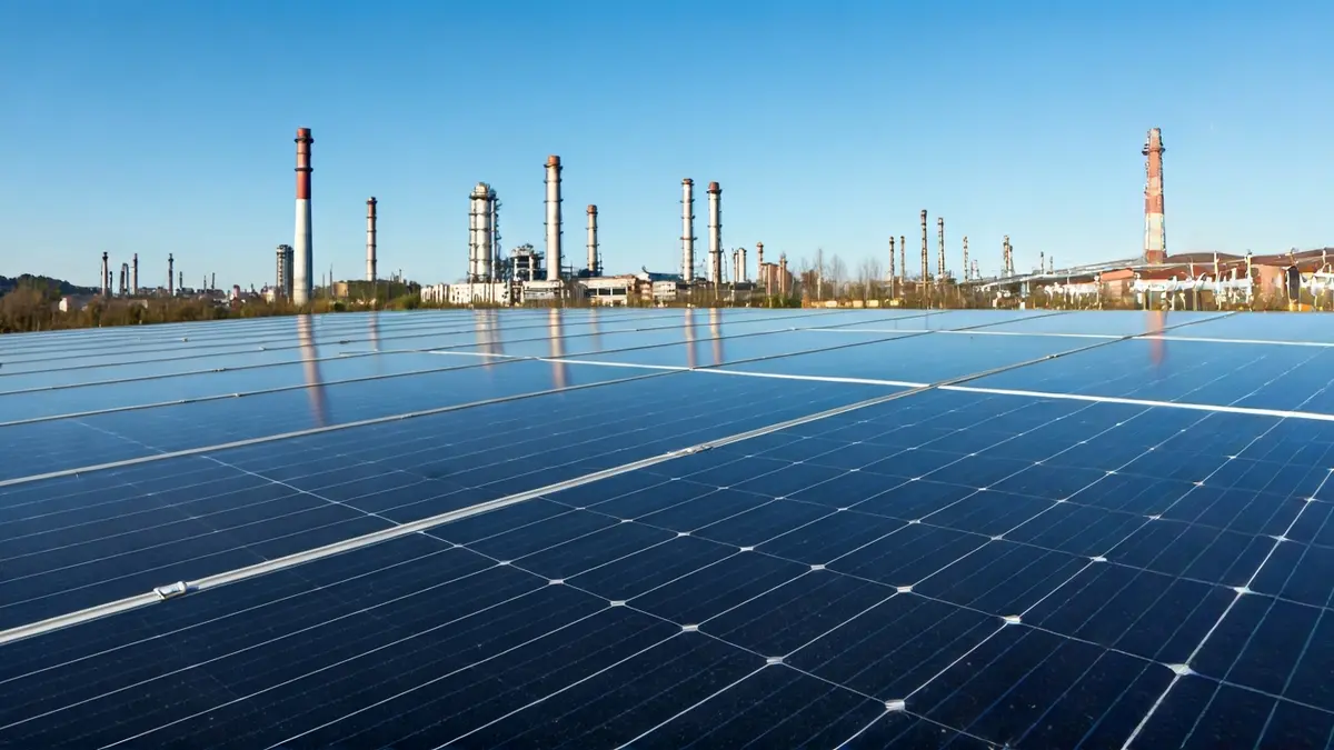 Generic image of solar panels in an industrial setting, representing renewable energy.