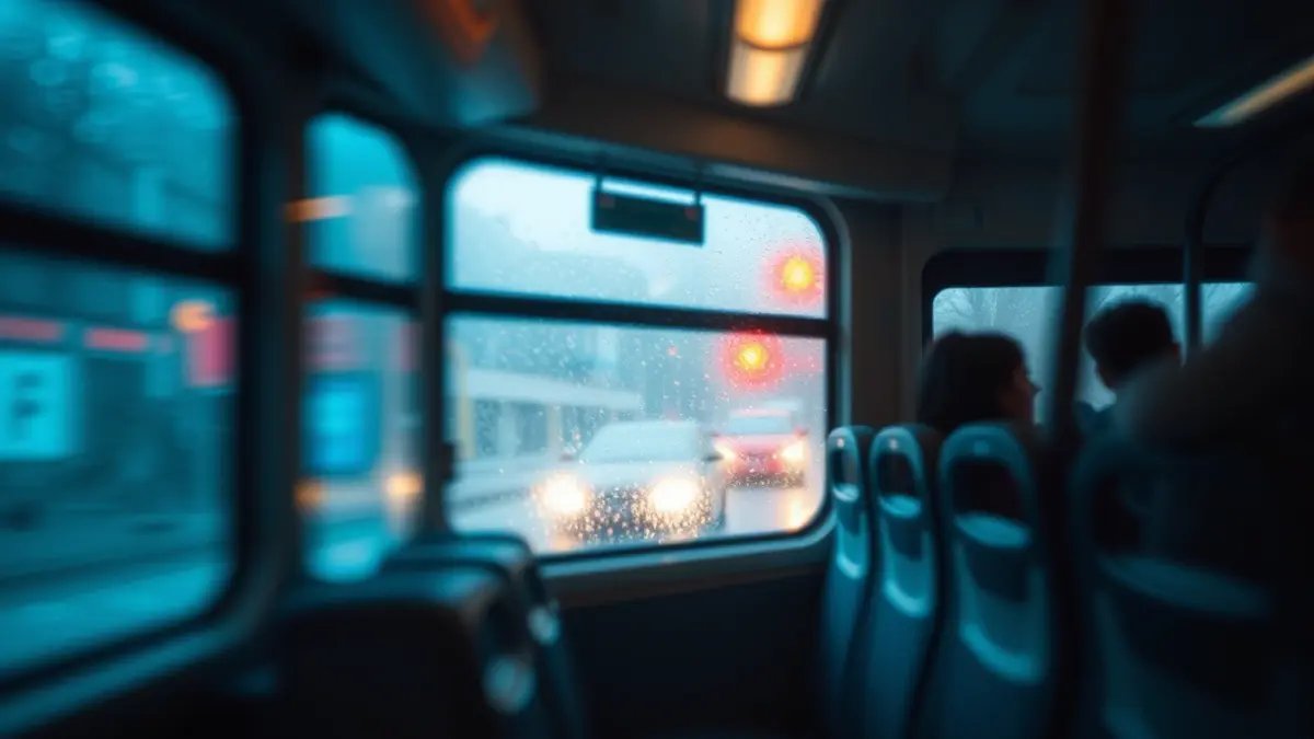 Generic image of a bus interior, with empty seats and a window with a rainy view, suggesting a transport strike.