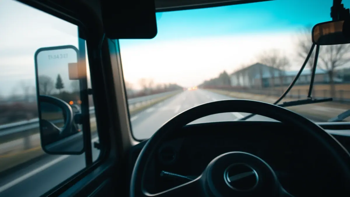 Generic image of a bus steering wheel and dashboard, with a blurred view of a road.
