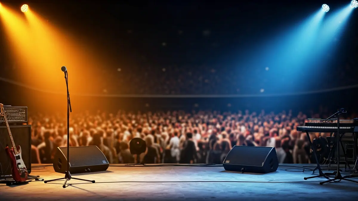 Generic image of a rock festival stage with lights and instruments.