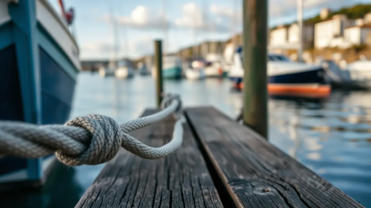 Irudi generikoa itsasontzi baten amarratze-lerroarena, egurrezko kai batean lotuta.