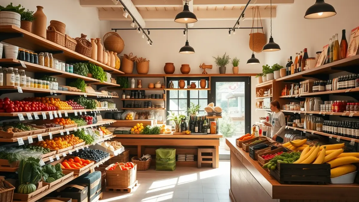 Irudi generikoa tokiko produktuen denda baten barrualdearena, apaletan fruta eta barazki freskoak dituela.