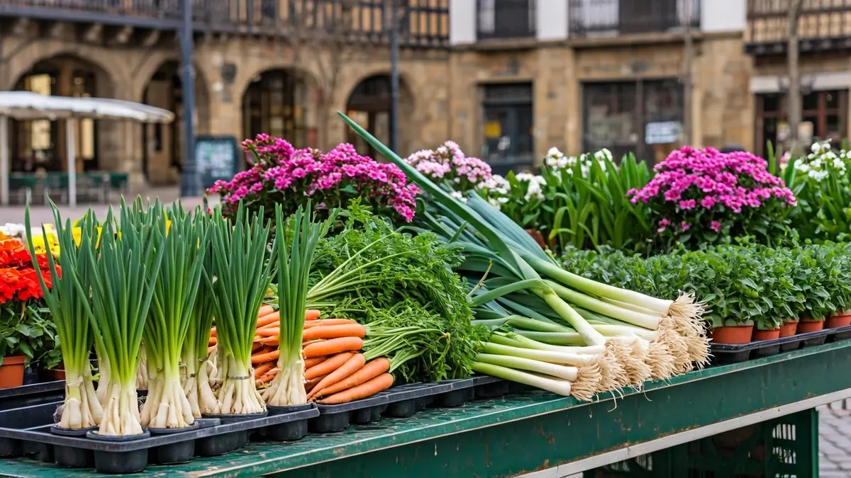 Imagen vibrante del mercado de la flor y la huerta de Elciego, con puestos coloridos y ambiente festivo en la plaza del pueblo.