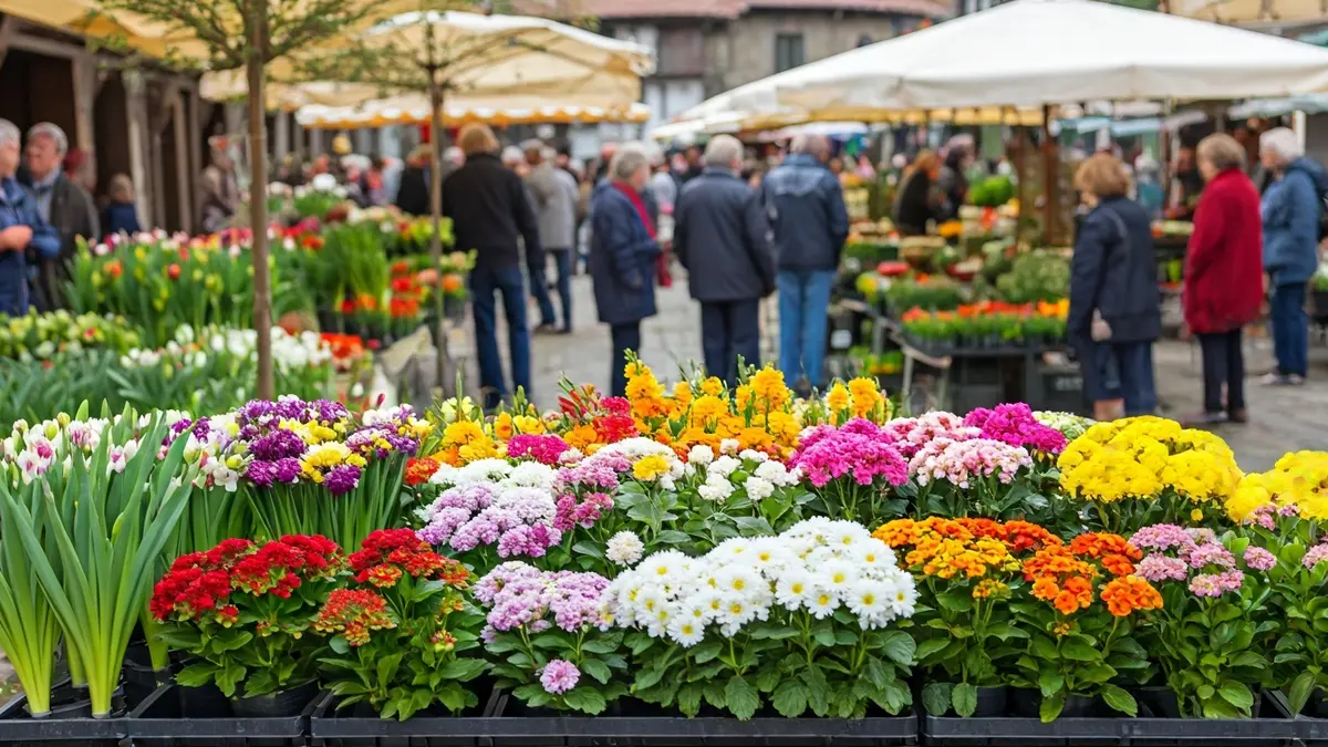 Irudi generikoa lore eta barazki azokako postu batena, Euskal Herriko herri batean.