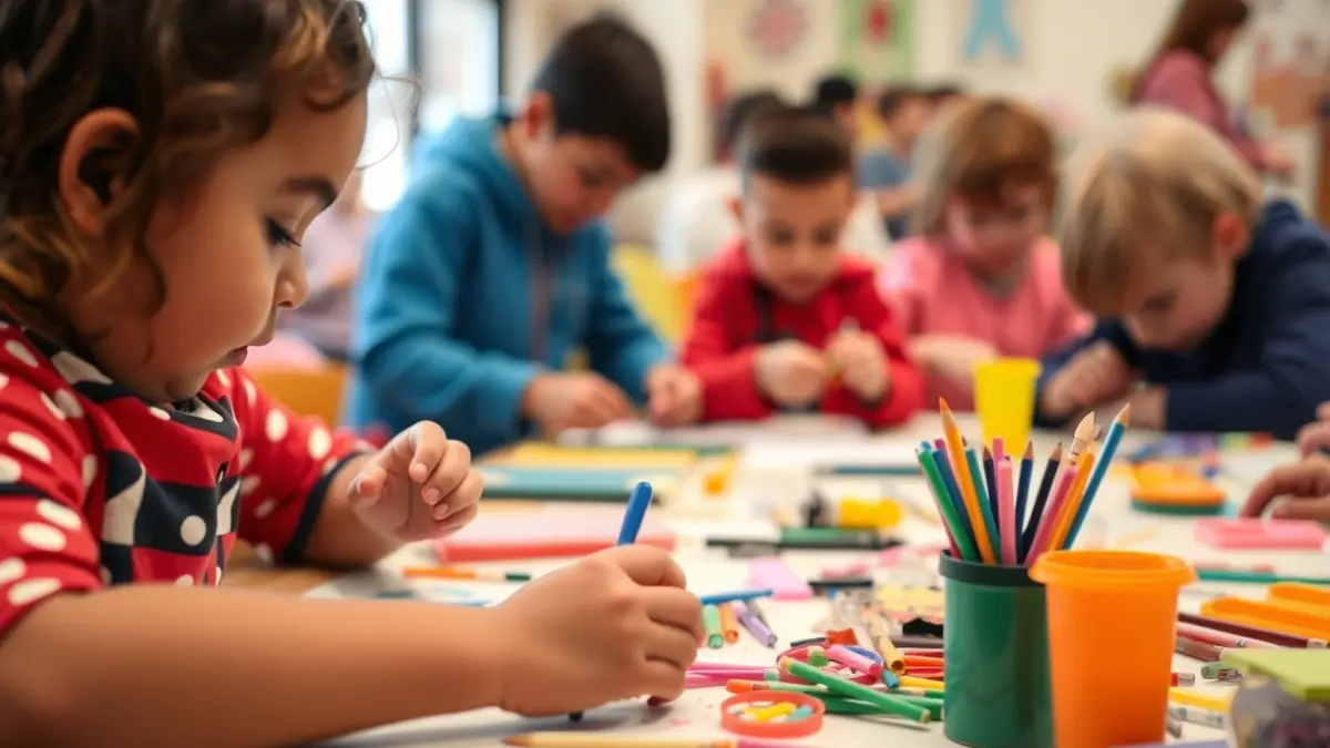 Generic image of a children's craft workshop with colorful materials.