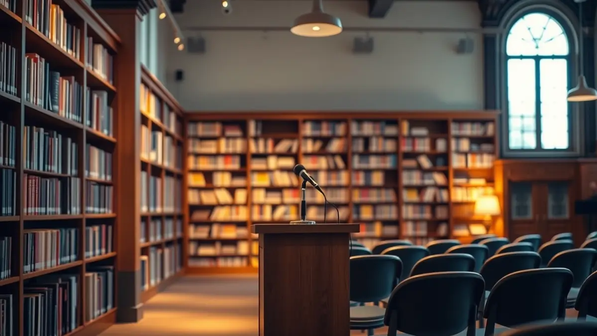 Generic image of a library interior presentation, with a microphone and empty chairs.