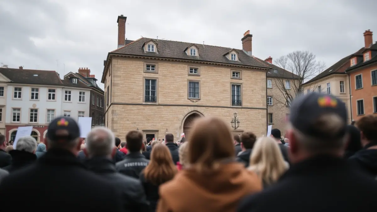 Generic image of a silent gathering in a town square in Elgeta, with a historical building in the background.