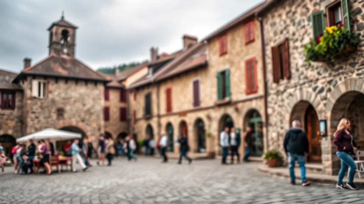 Elgetako herri plazaren irudi generikoa, harrizko eraikinak eta jendea atzealdean.