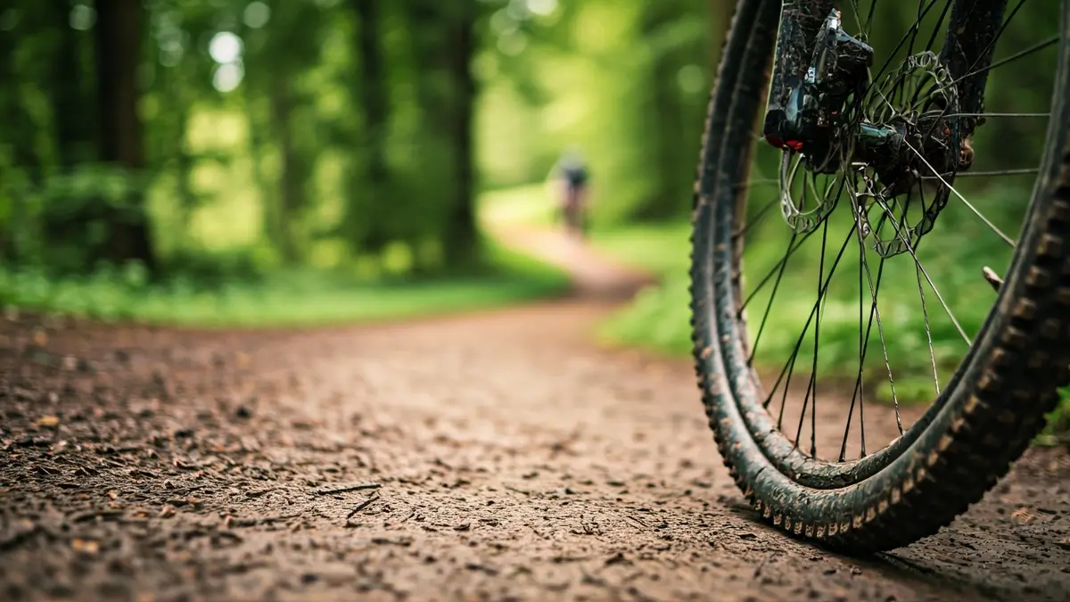 Irudi generikoa mendiko bizikleta baten gurpil baten lokatzetan, atzealdean zuhaitz berdeak lausotuta.