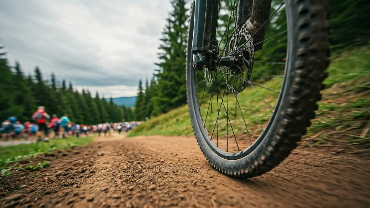 Irudi generikoa mendiko bizikletaren pneumatiko baten hurbilekoa, lurrezko bide batean.