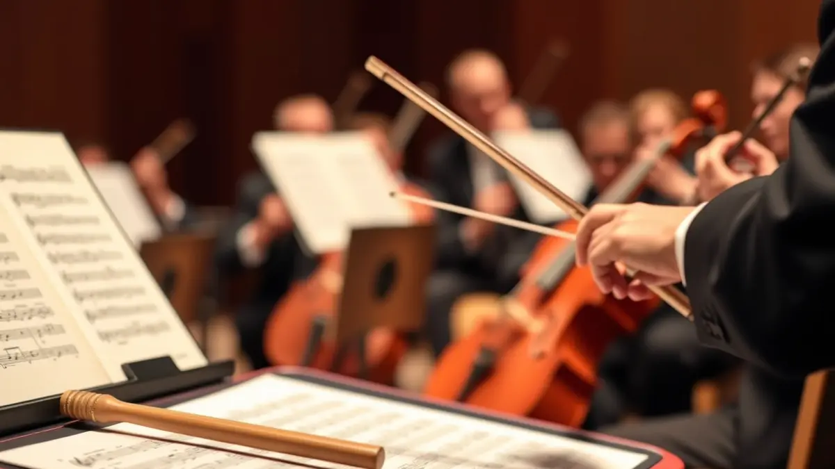 Generic image: a conductor's baton resting on a music stand with a blurred orchestra in the background.