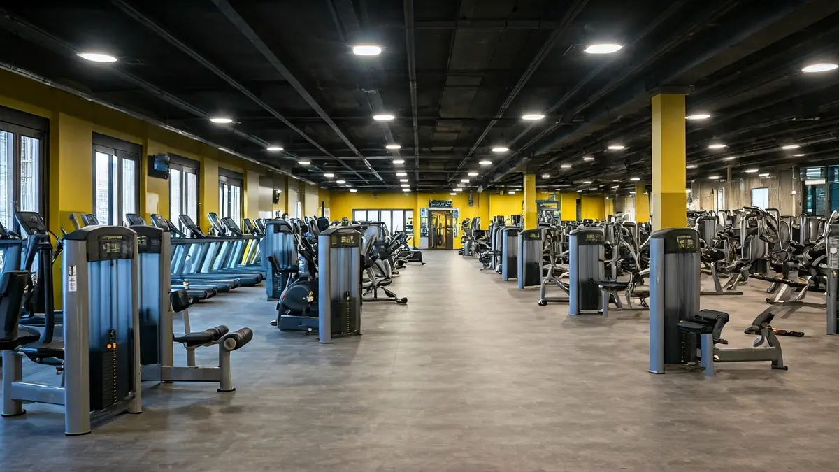 Irudi generikoa gimnasio moderno baten barrualdekoa, makina eta espazio zabalekin.