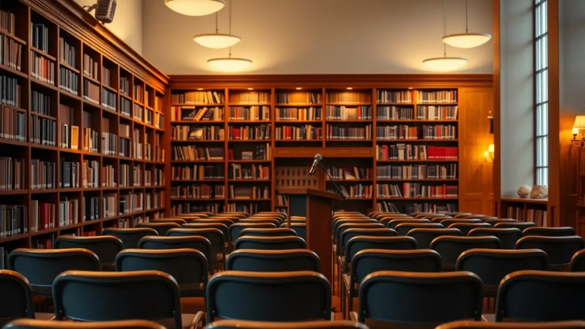 Irudi generikoa liburutegi baten barrualdekoa, mikrofono bat eta aulki hutsak dituena.
