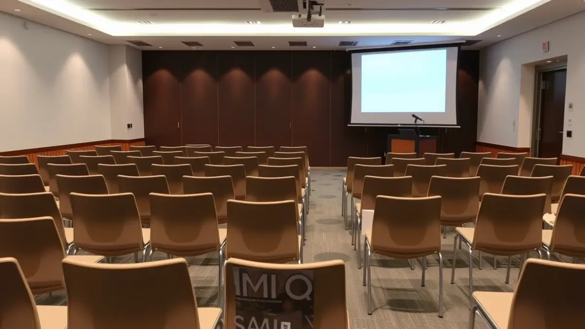 Irudi generikoa: tailer bateko aretoa, aulki hutsak eta mikrofonoa.