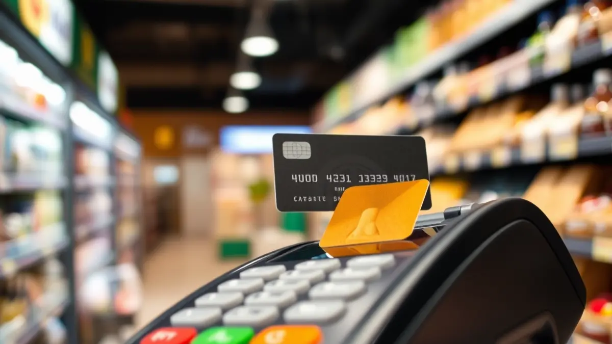 Generic image of a bank card being inserted into a payment terminal in a supermarket.