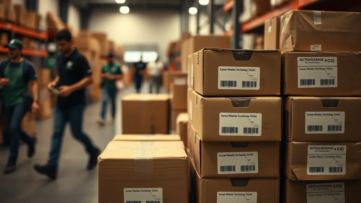 Elikagaien biltegi batean pilatutako kaxen irudi generikoa, boluntarioak atzealdean.